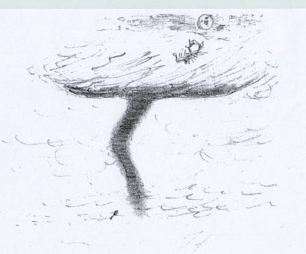 The travelers are lifted above the clouds clear to the moon. ( Sketch by Richard Lung. )